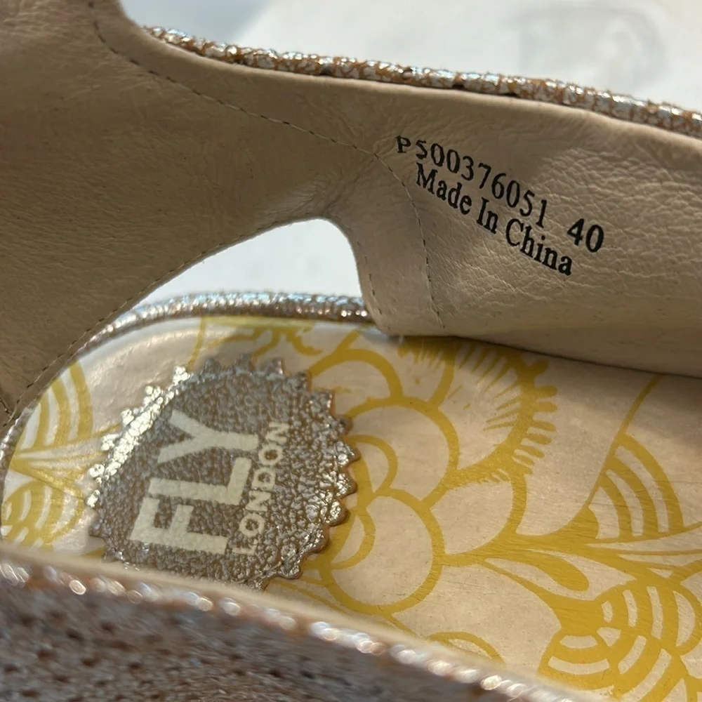 Fly London Yala Leather Perforated Wedges Gold Shimmer Size 9.5
